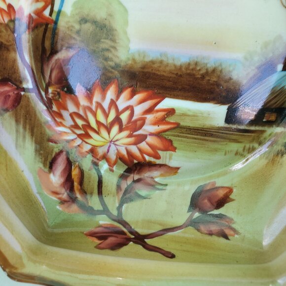 Noritake Bowl Made in Japan Hand Painted 6 Sided Hexagon 2 Handled Scenic - Picture 8 of 10